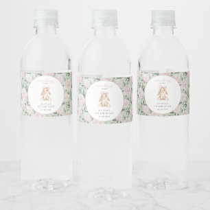 Etiqueta Para Botella De Agua Conejito Lindo, Lazo Rosa, Flores Rosadas, Primer
