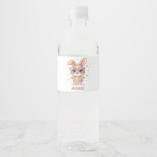Etiqueta Para Botella De Agua Conejito monograma lindo con gafas