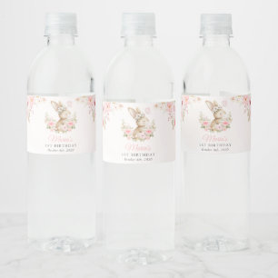 Etiqueta Para Botella De Agua Conejo, Mariposa, Flores Rosadas, Primer Cumpleaño