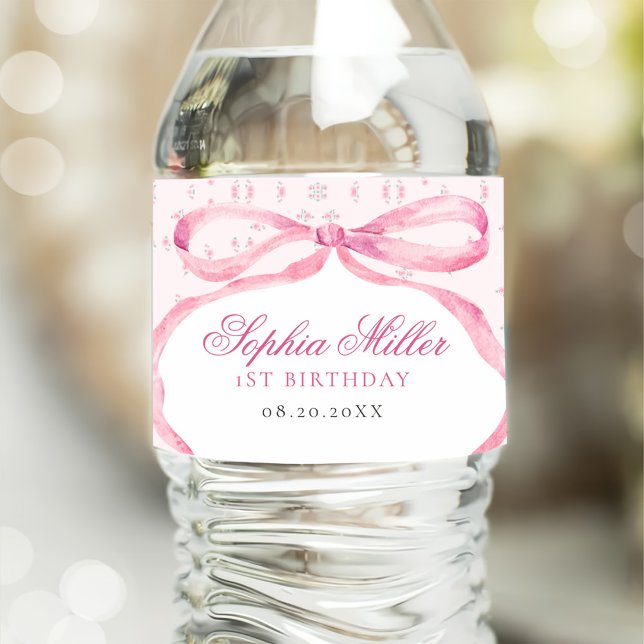Etiqueta Para Botella De Agua Coquette Pink Bow Cumpleaños (Subido por el creador)