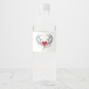 Etiqueta Para Botella De Agua Corazón de Ángel Rojo con alas