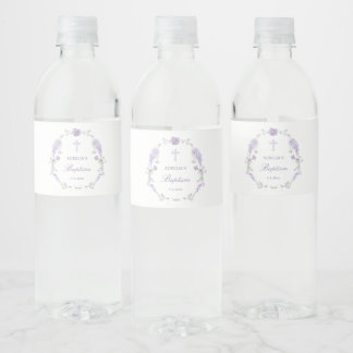 Etiqueta Para Botella De Agua Corona de Bautismo Lila Floral Lavanda
