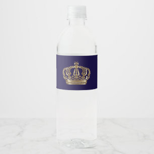 Etiqueta Para Botella De Agua Corona de Boda Elegante Azul Dorado