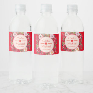 Etiqueta Para Botella De Agua Corona floral de círculo rojo boda china moderna