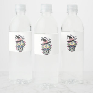 Etiqueta Para Botella De Agua Cráneo de flores de Halloween