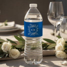 Etiqueta Para Botella De Agua Crest Botánico Azul Francés Monograma de Boda