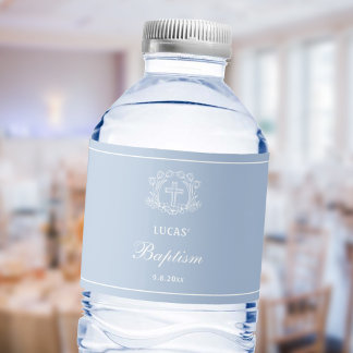 Etiqueta Para Botella De Agua Cruz floral simple en bautismo azul claro