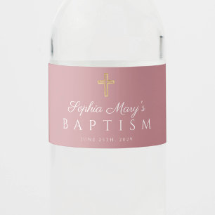 Etiqueta Para Botella De Agua Cruz Religiosa Rosa Polvorienta Niña Bautizo