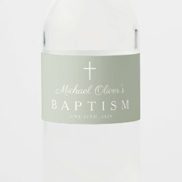 Etiqueta Para Botella De Agua Cruz religiosa verde salvia niño bautizo