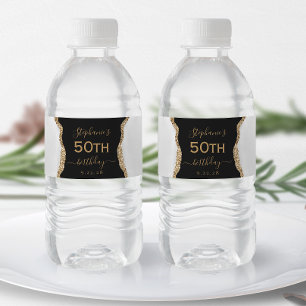 Etiqueta Para Botella De Agua Cumpleaños 50 Moderno Gris Oro Ágata Oscuro