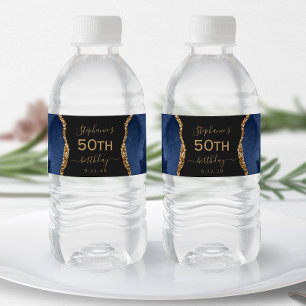 Etiqueta Para Botella De Agua Cumpleaños 50 Moderno Navy Azul Ágata Dorada Oscur