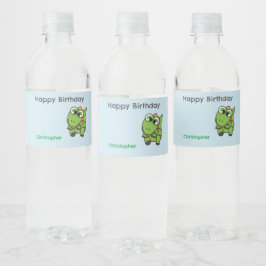 Etiqueta Para Botella De Agua Cumpleaños azul con dinosaurios verdes lindos pers