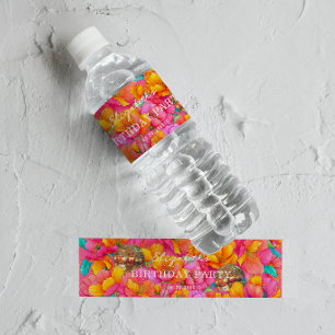 Etiqueta Para Botella De Agua Cumpleaños Bola de Discoteca Dorada Floral Naranja