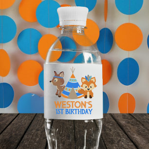 Etiqueta Para Botella De Agua Cumpleaños de Blue Woodland Fox & Deer