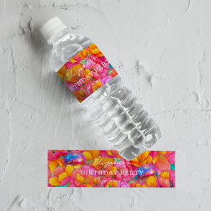 Etiqueta Para Botella De Agua Cumpleaños de Bola de Disco Floral Naranja Rosa Br