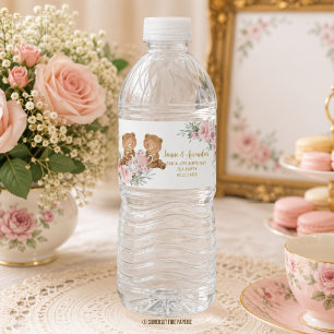Etiqueta Para Botella De Agua Cumpleaños de Fiesta de Té de Ositos Florales Rosa