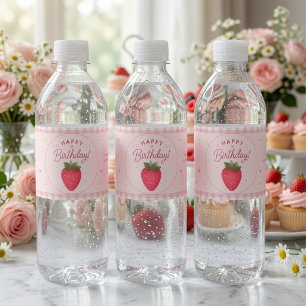 Etiqueta Para Botella De Agua Cumpleaños de Fresa Dulce de Frutas Rosa