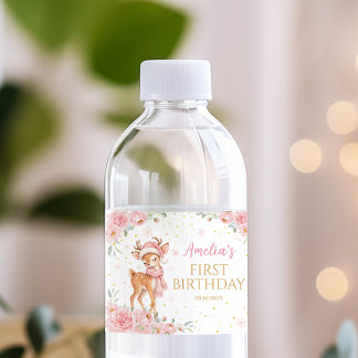 Etiqueta Para Botella De Agua Cumpleaños de invierno con ciervo lindo y flores r