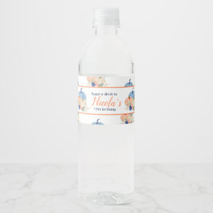 Etiqueta Para Botella De Agua Cumpleaños de las calabazas florales Navy Blue y R