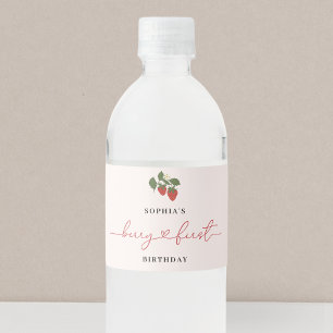 Etiqueta Para Botella De Agua Cumpleaños de Niña Rústica Elegante Primera Fresa