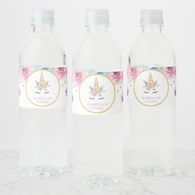 Etiqueta Para Botella De Agua Cumpleaños de Watercolor Floral Unicornio (Botellas)