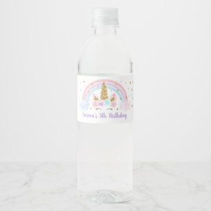 Etiqueta Para Botella De Agua Cumpleaños del oro rosa del arcoiris de Unicornio