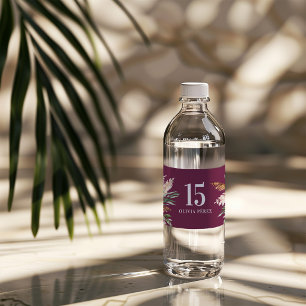 Etiqueta Para Botella De Agua Cumpleaños elegante floral acuarela morada femenin
