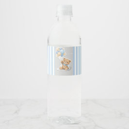 Etiqueta Para Botella De Agua Cumpleaños Escolar Globos Azules Osito de Peluche