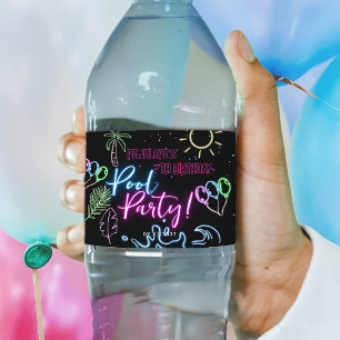 Etiqueta Para Botella De Agua Cumpleaños Fiesta de Piscina Moderna con Brillo Ne