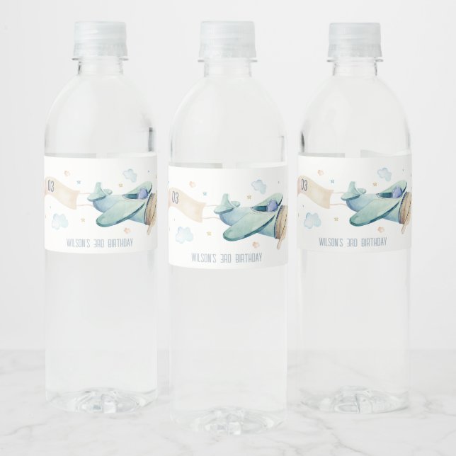 Etiqueta Para Botella De Agua Cute Aqua Blue Plane Cloud Heart Kids Cumpleaños (Botellas)