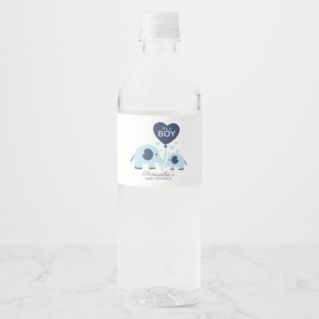 Etiqueta Para Botella De Agua Cute Blue Elephant Boy Baby Shower (Anverso)