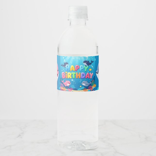 Etiqueta Para Botella De Agua Cute Happy Birthday nautical dolphin (Anverso)