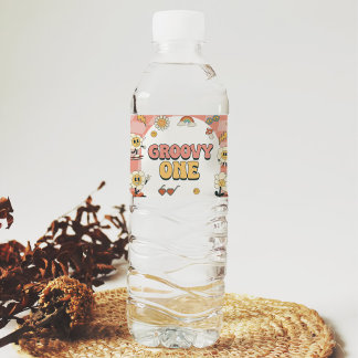 Etiqueta Para Botella De Agua Daisy & Retro Van Pink Groovy Un primer cumpleaños