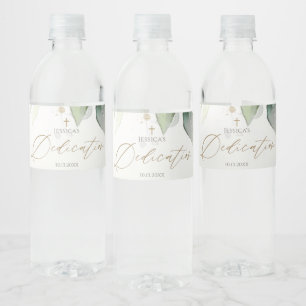 Etiqueta Para Botella De Agua Dedicación de bebé con acuarela dorada y vegetació
