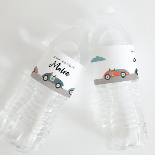 Etiqueta Para Botella De Agua Día de cumpleaños con tema de autos de carrera ret