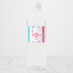 Etiqueta Para Botella De Agua Dinosaurios rosas y rayas pastel