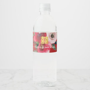 Etiqueta Para Botella De Agua Doble felicidad floral moderna acuarela roja rosa