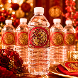 Etiqueta Para Botella De Agua Dragón Fénix Rojo Dorado Boda China 