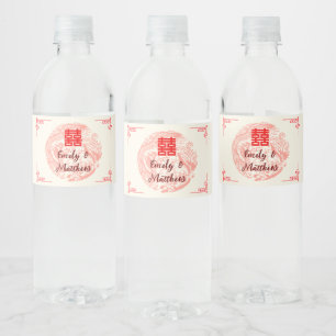 Etiqueta Para Botella De Agua Dragón y fénix beige rojo boda china