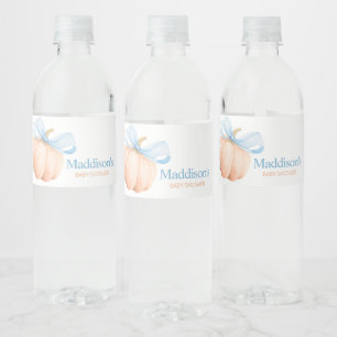 Etiqueta Para Botella De Agua Ducha de bebé de calabaza naranja con lazo azul