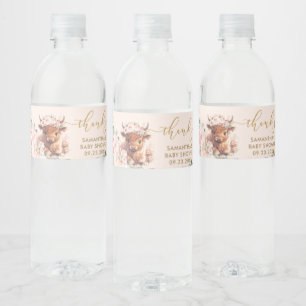 Etiqueta Para Botella De Agua Ducha de Bebé Floral Rosa Vaca Highland Esponjosa