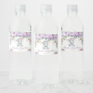 Etiqueta Para Botella De Agua Ducha de Bebé Niña Elefante Floral Morado Lindo