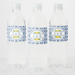 Etiqueta Para Botella De Agua Ducha de novia con mosaico azul de limón mediterrá