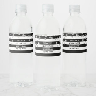 Etiqueta Para Botella De Agua Dulce 16 cumpleaños Silver Confetti Black Stripes