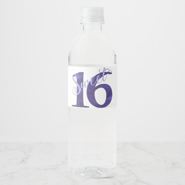 Etiqueta Para Botella De Agua Dulces 16 | Grunge y Purpurina de color morado (Anverso)