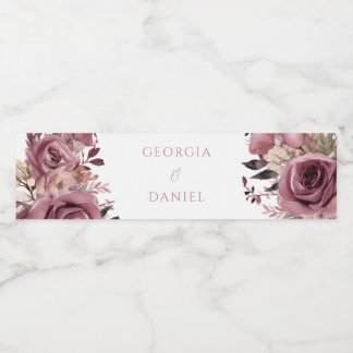 Etiqueta Para Botella De Agua Dusty Rosa y Borgoña Boda Floral Boho