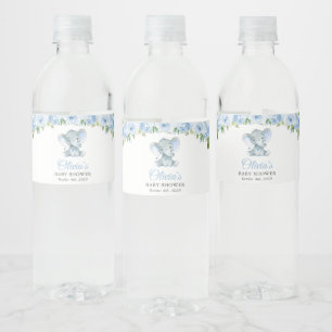 Etiqueta Para Botella De Agua Elefante, flores de color azul, Baby Shower