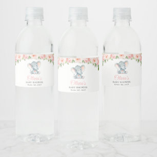 Etiqueta Para Botella De Agua Elefante, flores de color rosa, Baby Shower