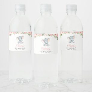 Etiqueta Para Botella De Agua Elefante, flores de color rosa, primer cumpleaños