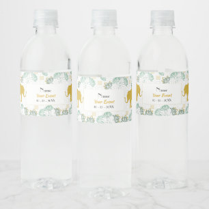Etiqueta Para Botella De Agua Elefante Safari Verde y Dorado Baby Shower